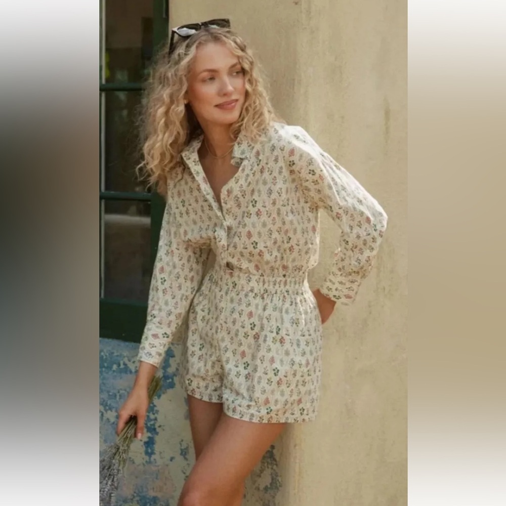 Tuckernuck Floral Mini Dress Romper - Cream and Green